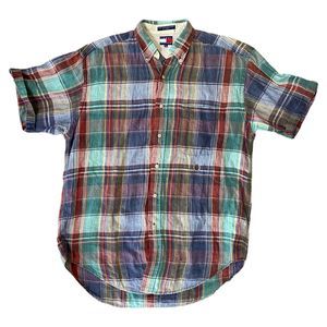 VTG Tommy Hilfiger Shirt S/S Medium Crest Logo Button Down Plaid Check 1990s